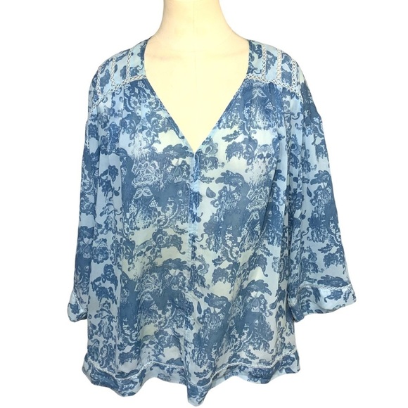 VINTAGE America Blues Boho Pullover Blouse Blue Paisley Floral Crochet Top Sz L - Picture 1 of 10